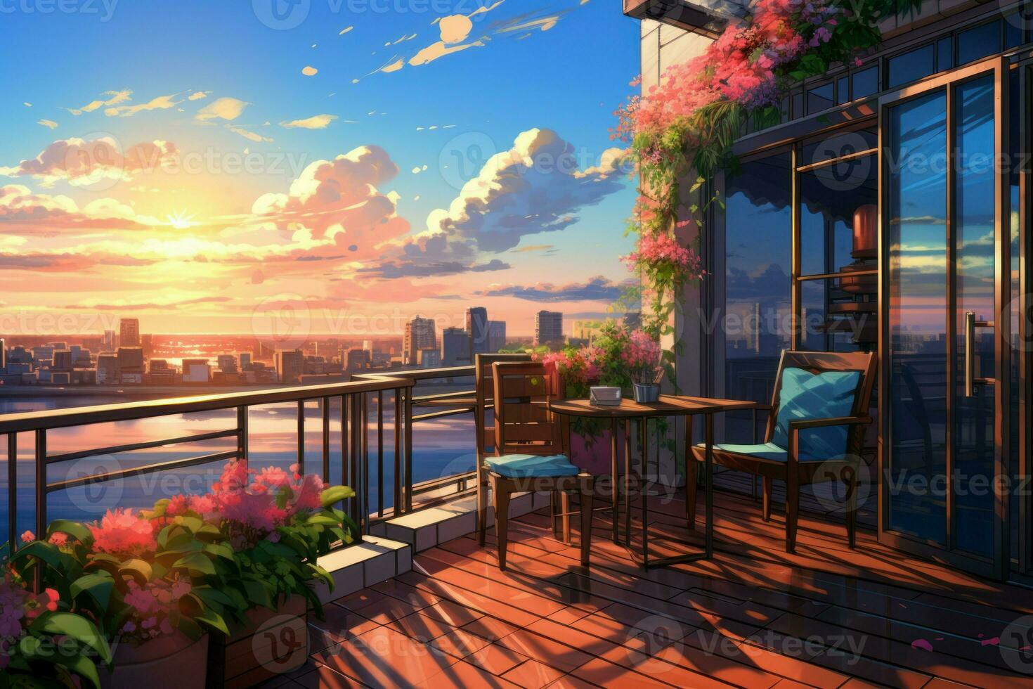 Balcony sunset anime visual novel game. Generate Ai photo
