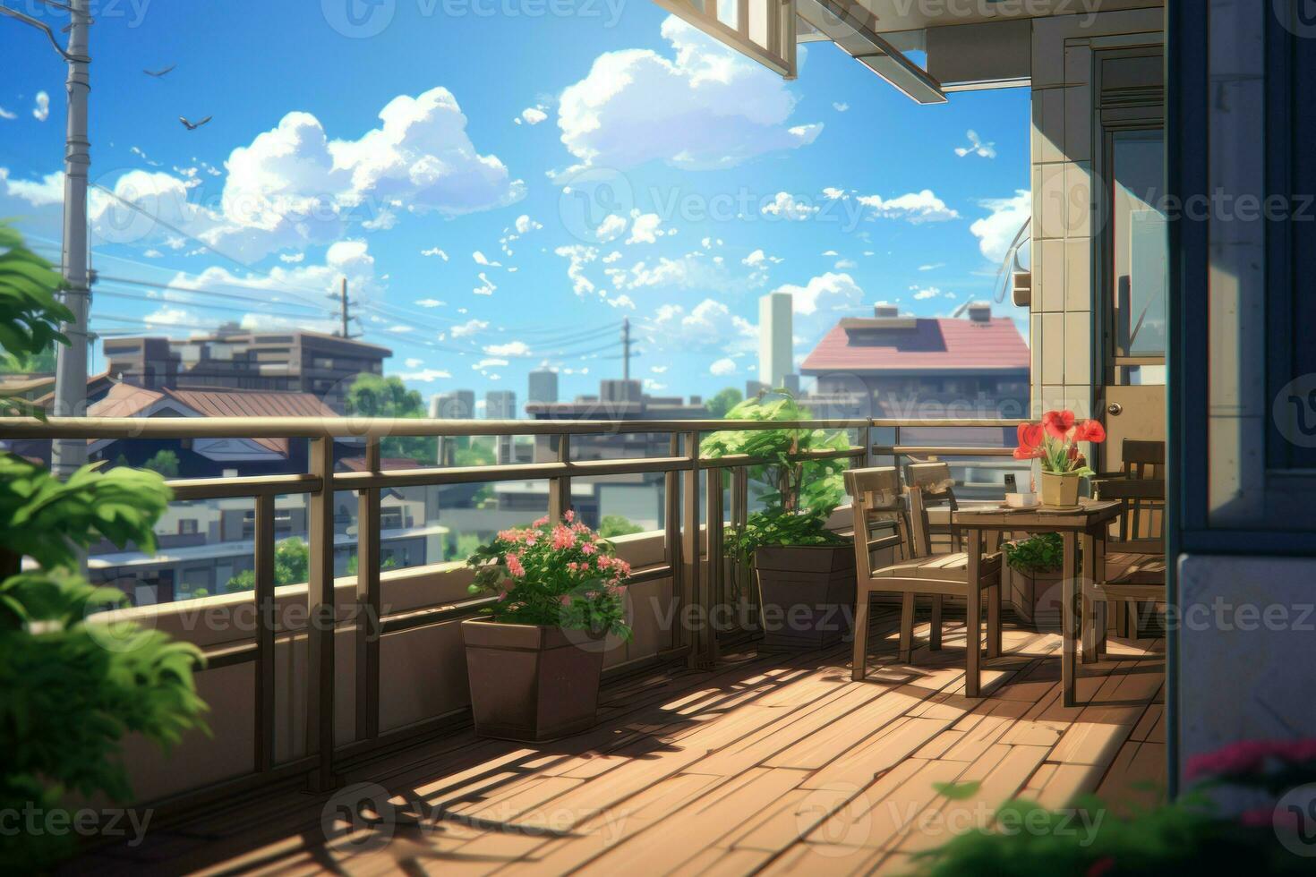 Balcony wooden anime visual novel game. Generate Ai photo