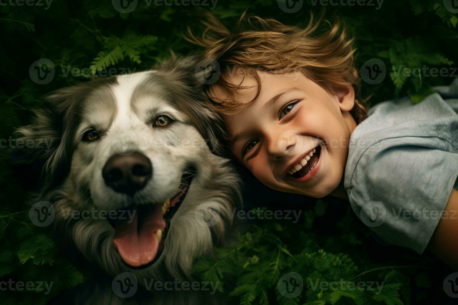 Boy laughing with dog. Generate Ai photo