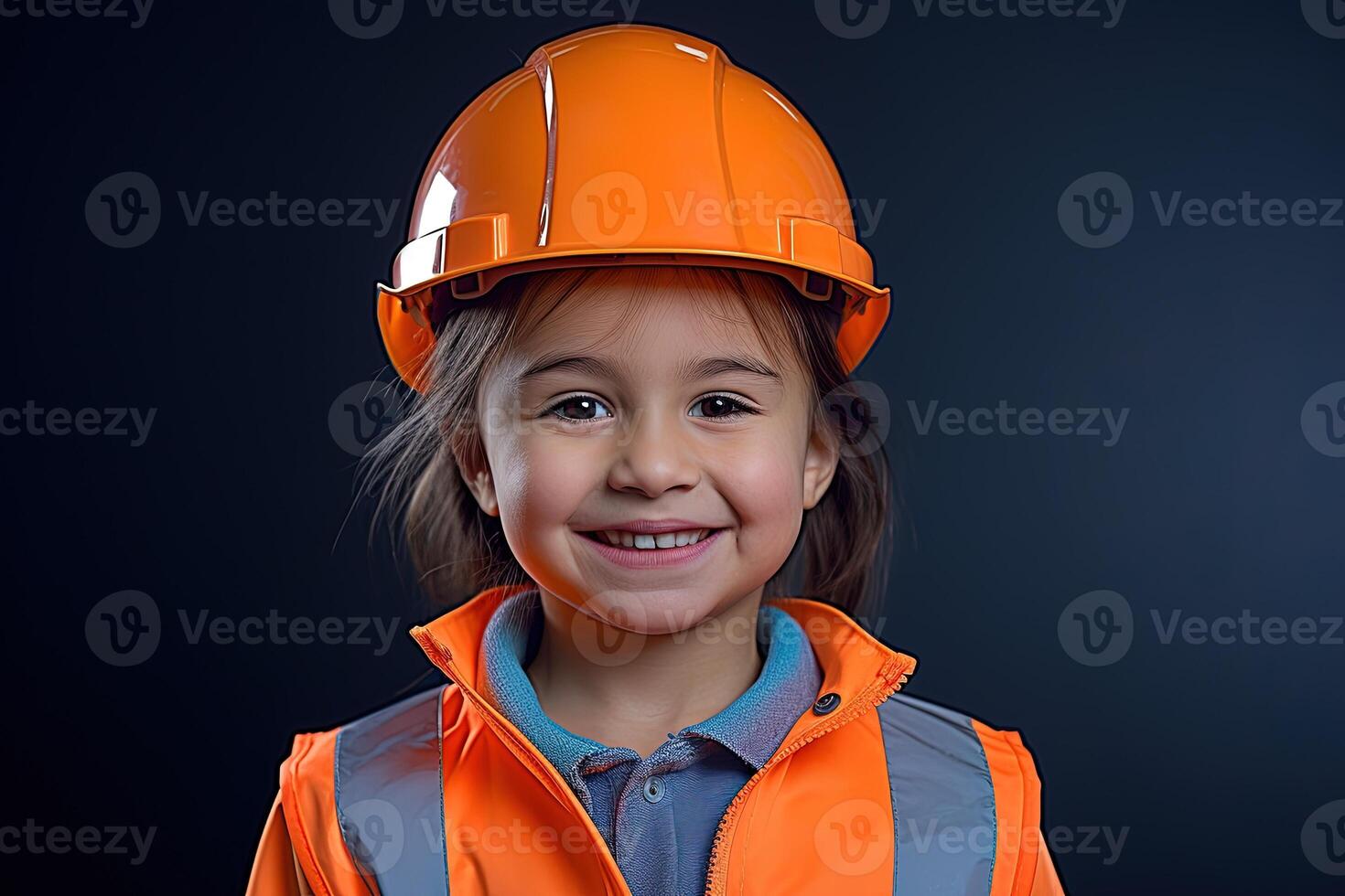 retrato de un sonriente pequeño niña en un construcción casco ai generado foto