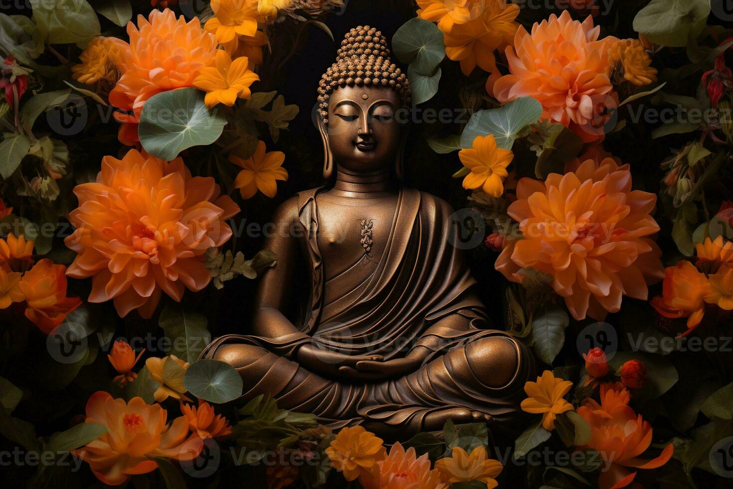 Buddha statue surrounded by orange flowers on a black background AI Generated photo