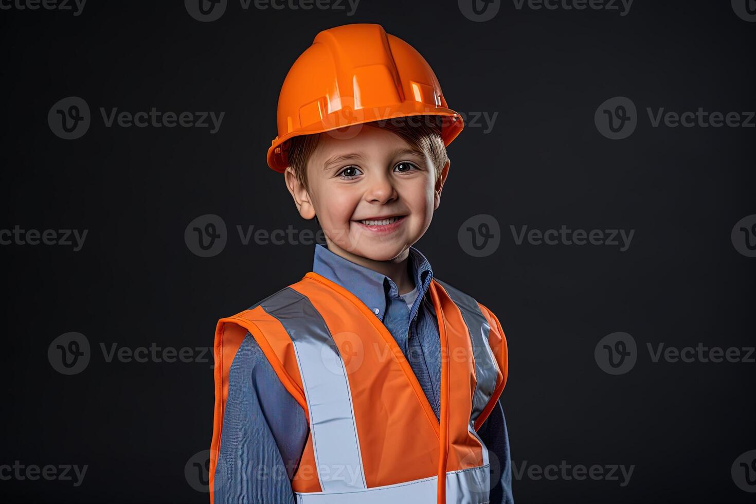 retrato de un linda pequeño chico en un construcción casco ai generado foto