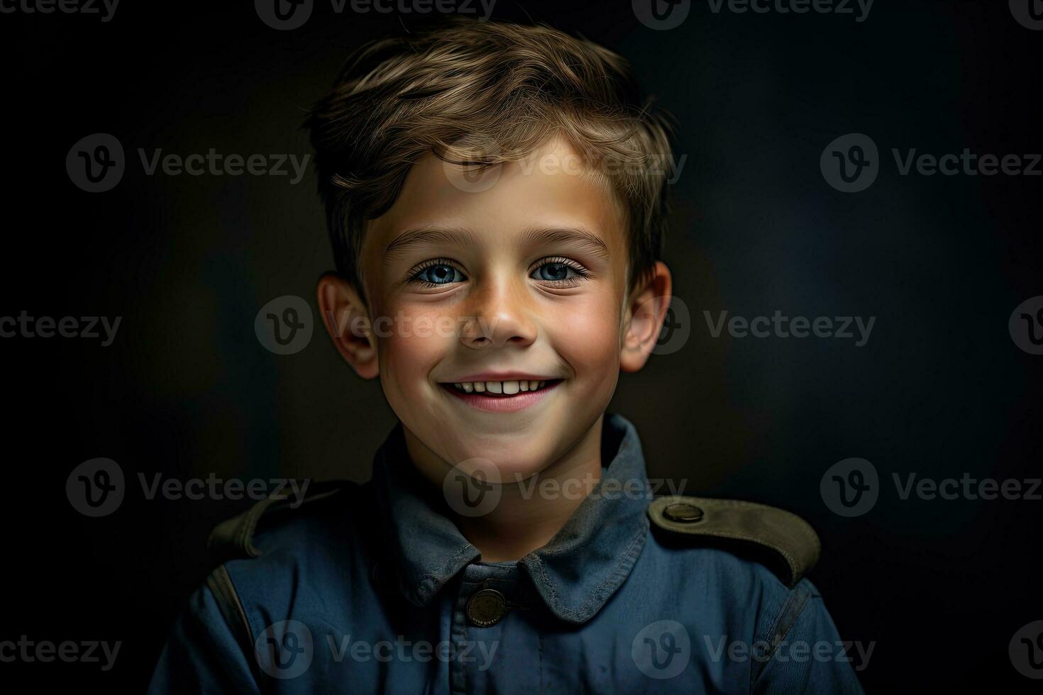 retrato de un linda pequeño chico en militar uniforme en oscuro antecedentes ai generado foto