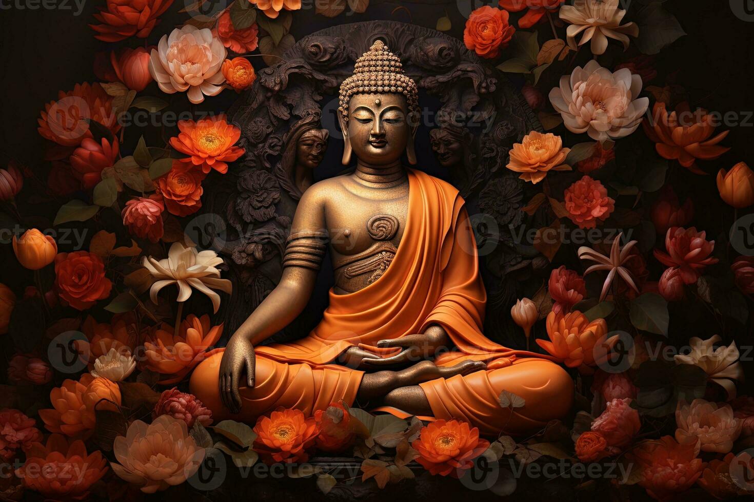 Buddha statue surrounded by orange flowers on a black background AI Generated photo