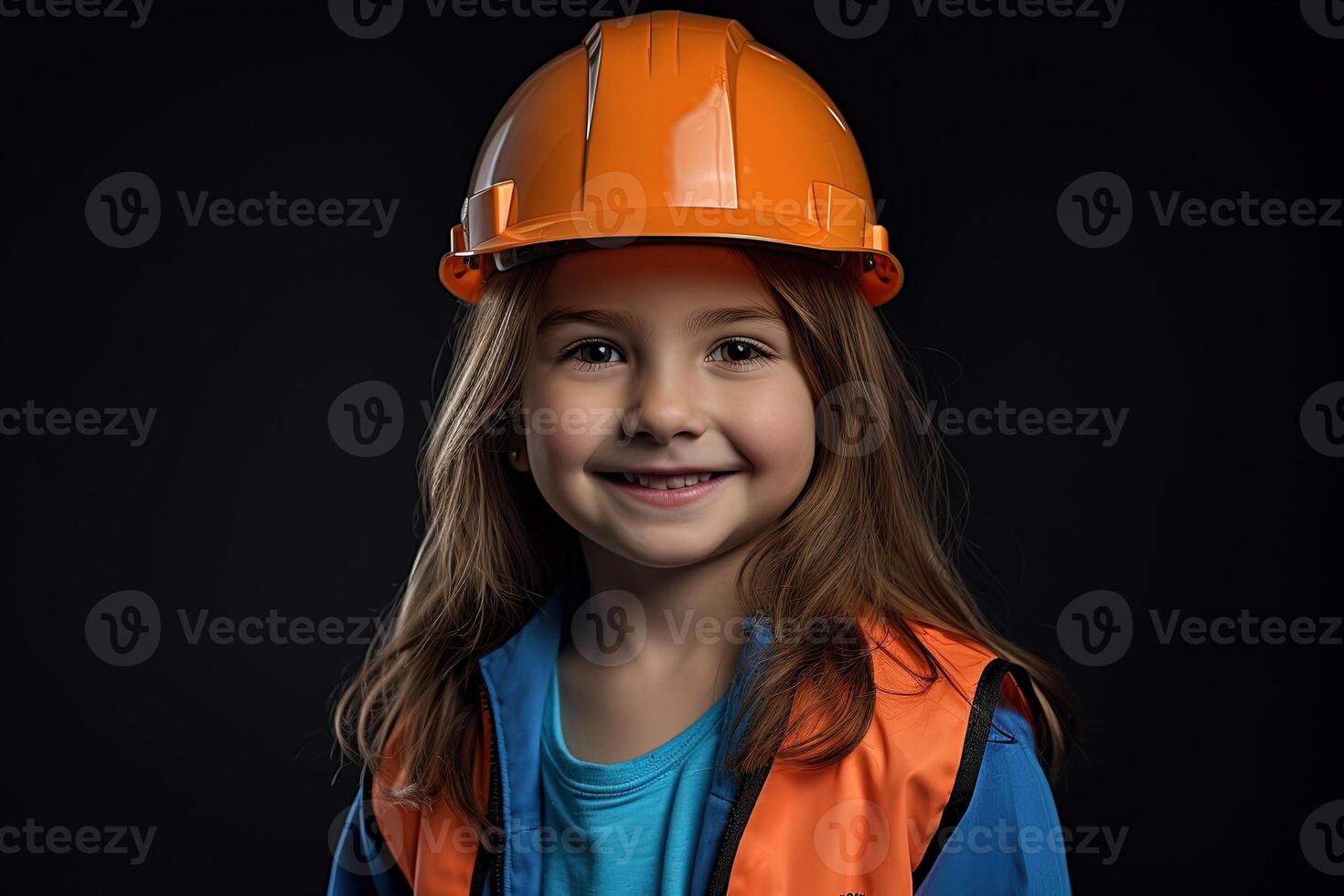 Portrait of a smiling little girl in a construction helmet photo