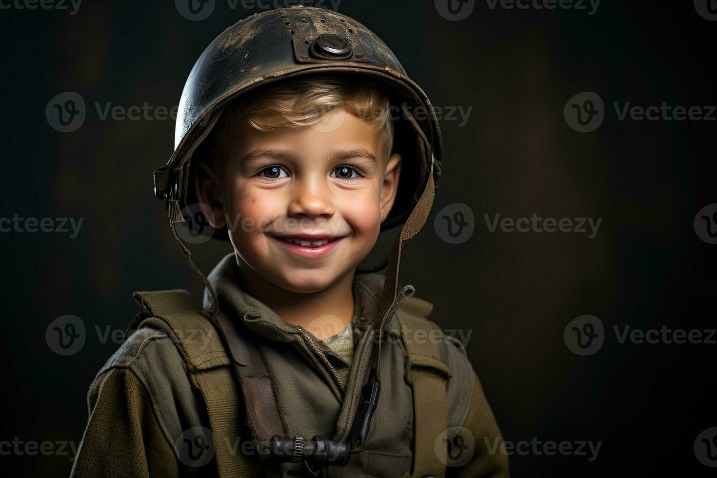 Portrait of a cute little boy in military uniform on dark background AI Generated photo