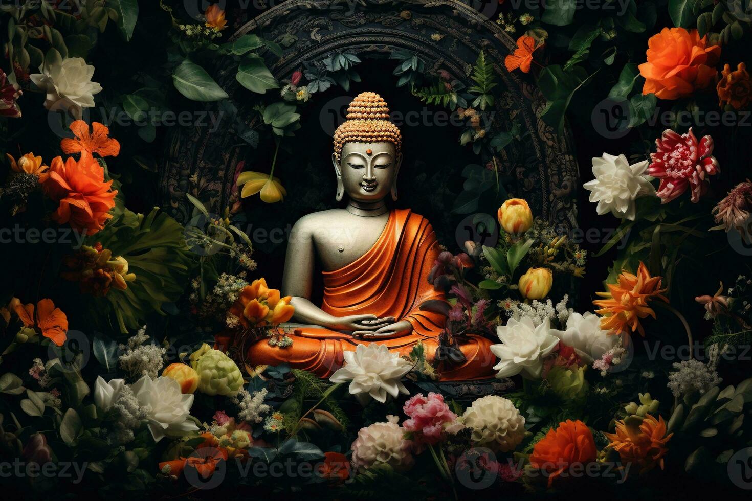 Buddha statue with lotus flower and green leaves background AI Generated photo