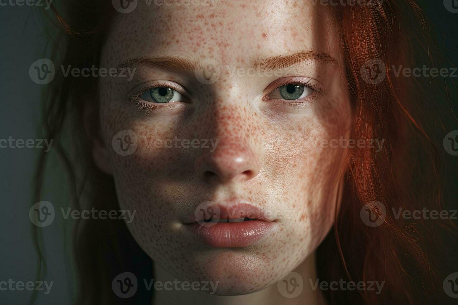 a close up of a woman with freckles AI generated photo