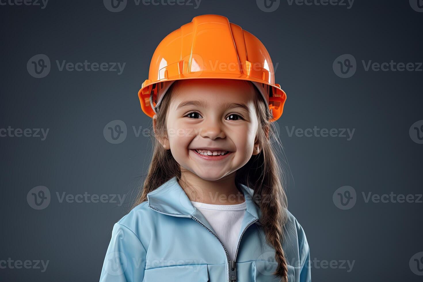 retrato de un sonriente pequeño niña en un construcción casco ai generado foto