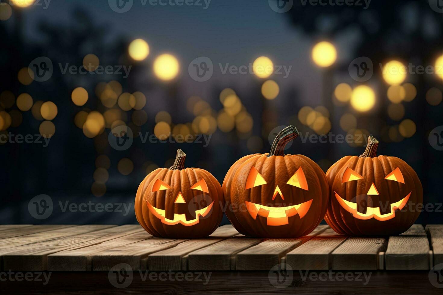 Halloween pumpkins on wooden table with bokeh lights background AI Generated photo