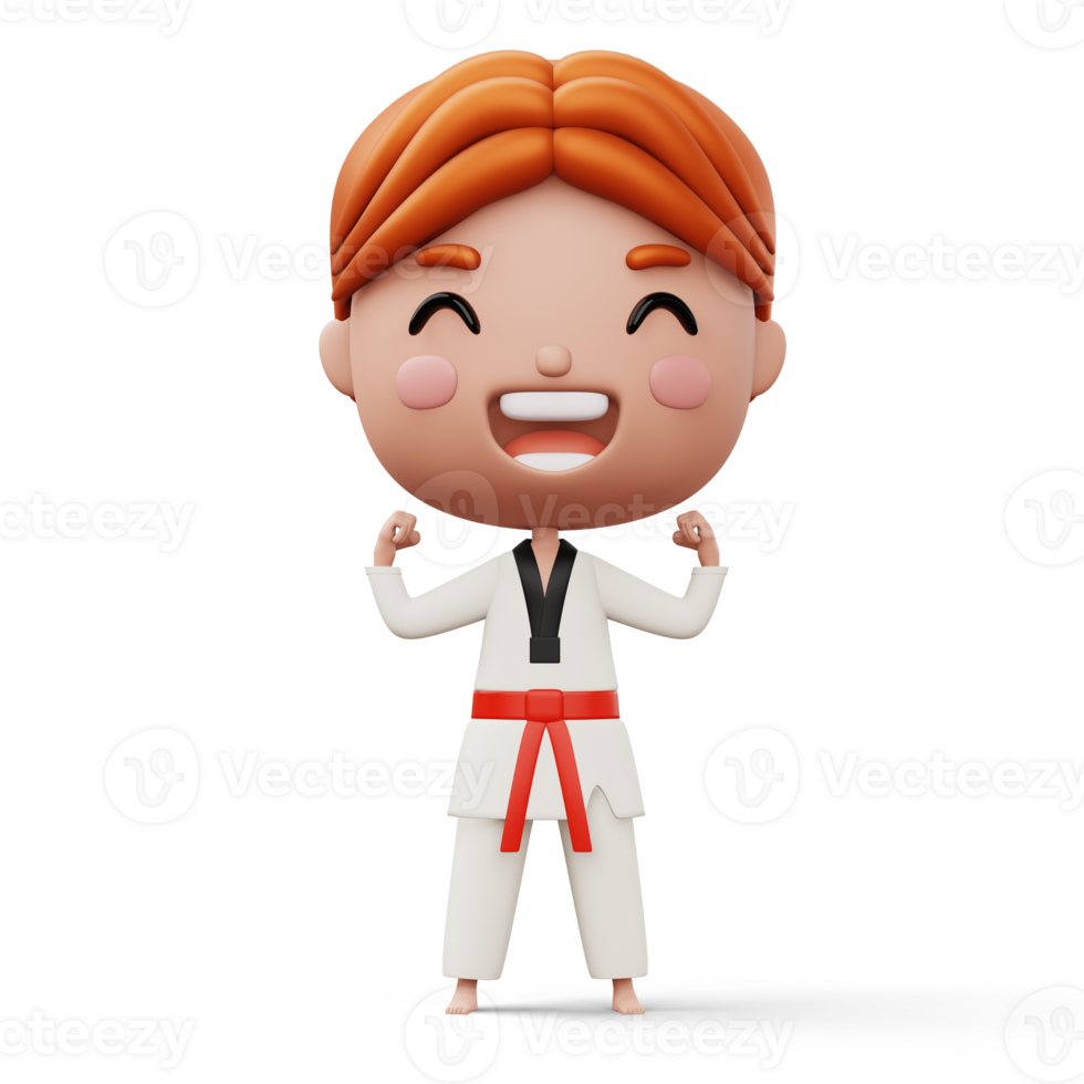 Happy child taekwondo, fighter boy wear taekwondo uniform, kid character, 3d rendering png