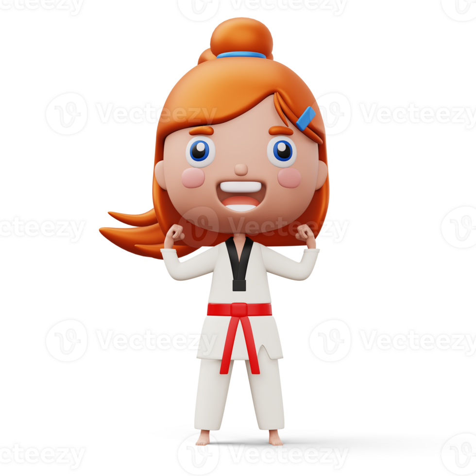 Happy child taekwondo, fighter girl wear taekwondo uniform, kid character, 3d rendering png