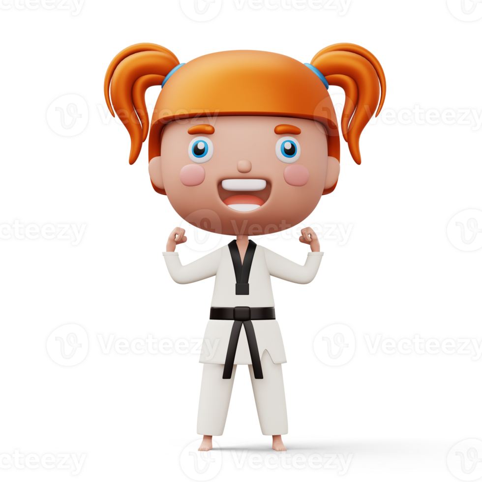 Happy child taekwondo, fighter girl wear taekwondo uniform, kid character, 3d rendering png