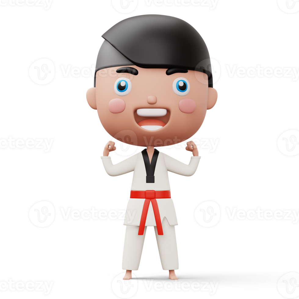 Happy child taekwondo, fighter boy wear taekwondo uniform, kid character, 3d rendering png