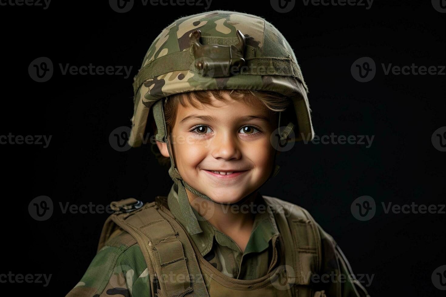 retrato de un linda pequeño chico en militar uniforme en oscuro antecedentes ai generado foto