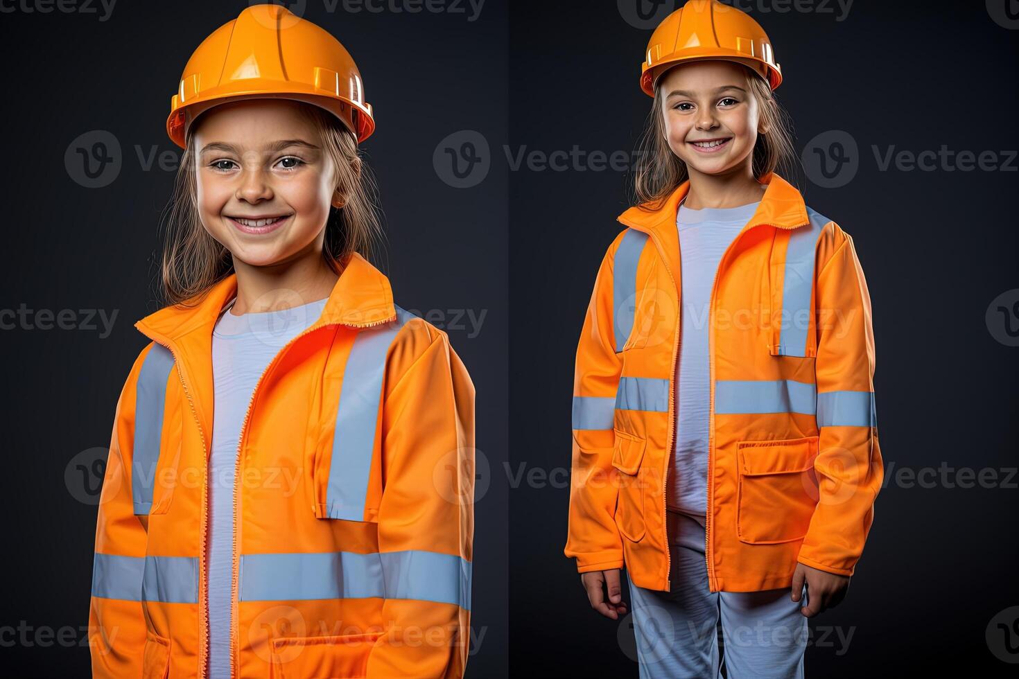 Portrait of a smiling little girl in a construction helmet photo