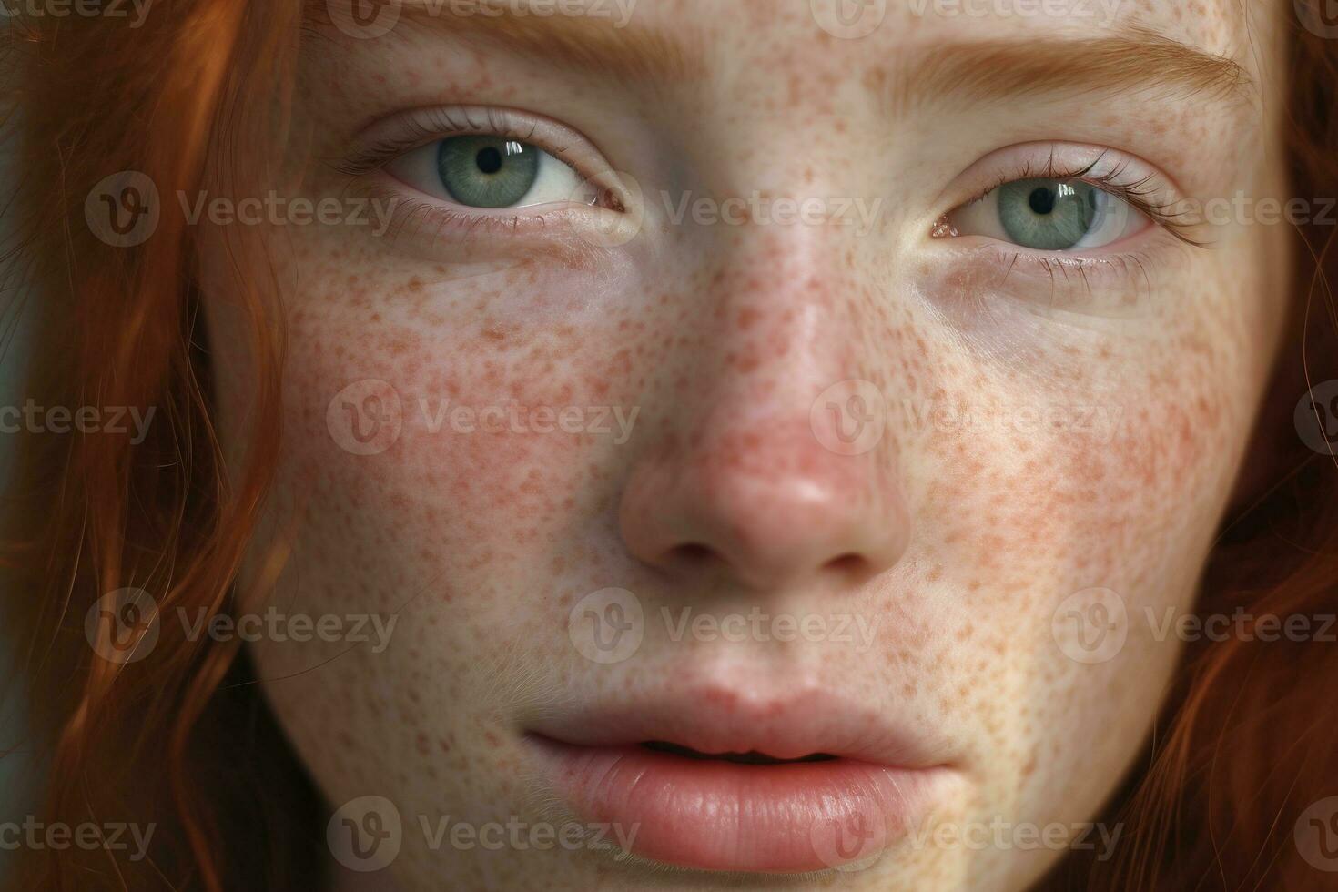 a close up of a woman with freckles,rosacea couperose redness skin AI generated photo