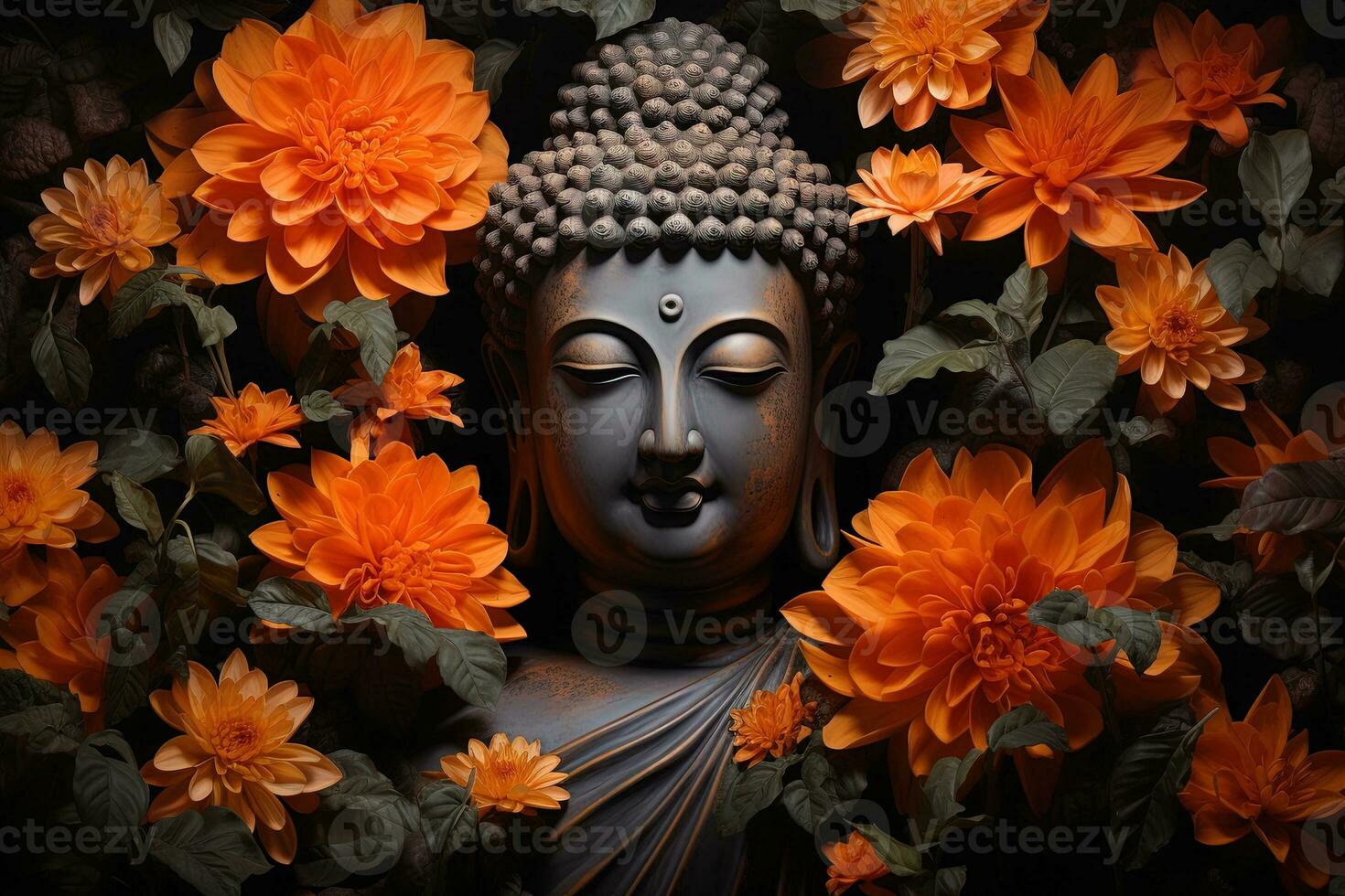 Buddha statue surrounded by orange flowers on a black background AI Generated photo