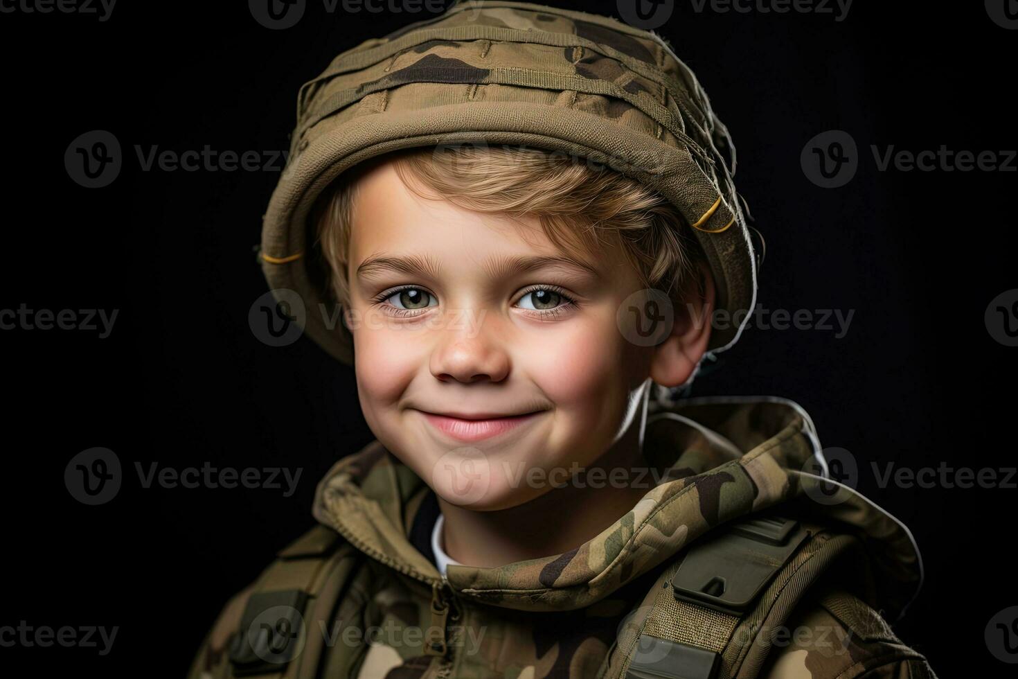 Portrait of a cute little boy in military uniform on dark background AI Generated photo