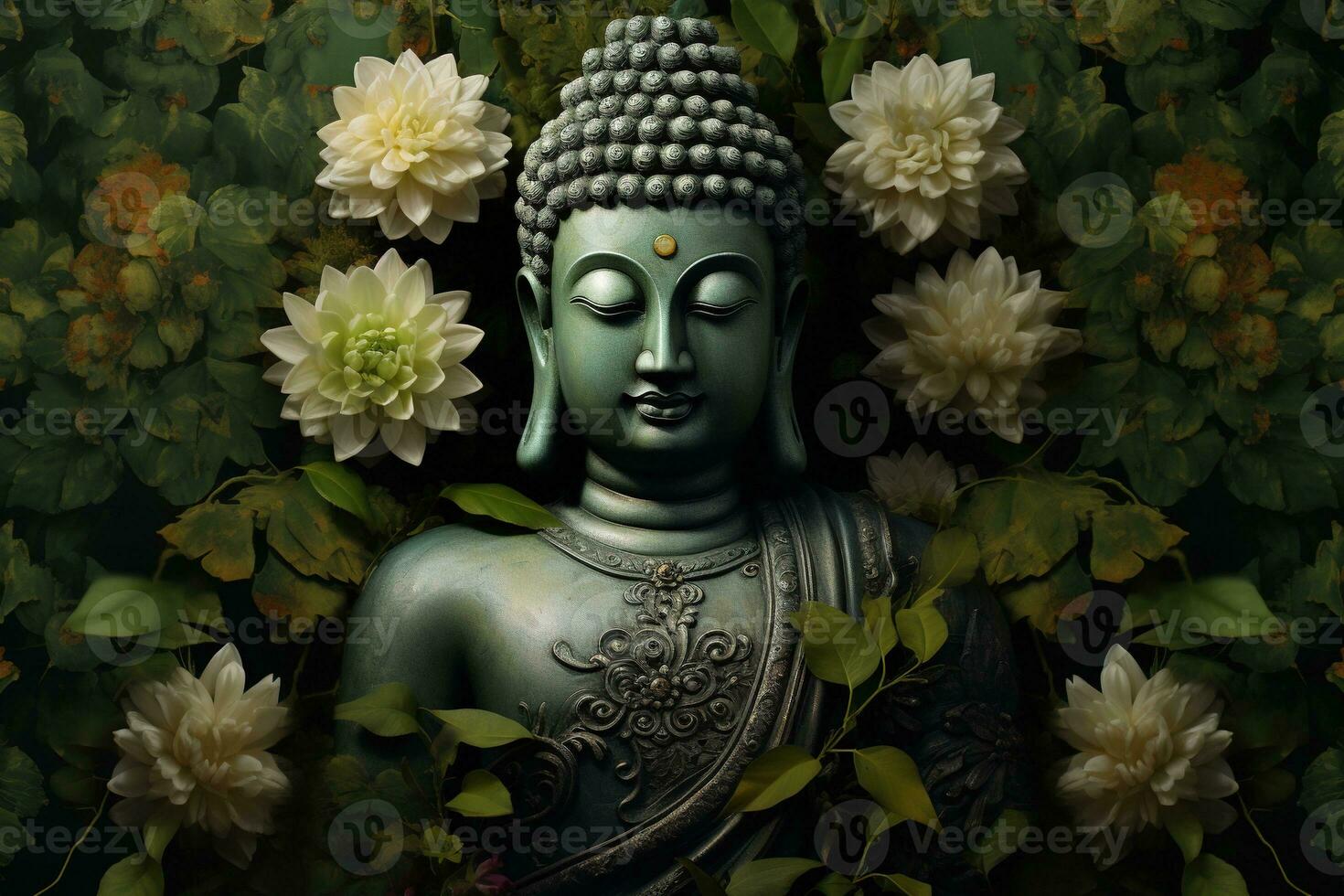 Buddha statue with lotus flower and green leaves background AI Generated photo