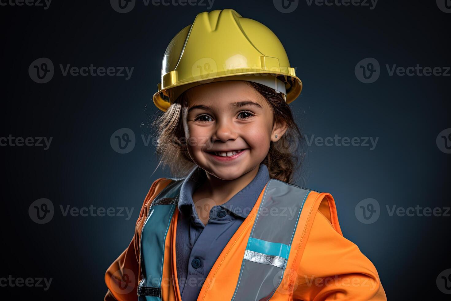 Portrait of a smiling little girl in a construction helmet photo