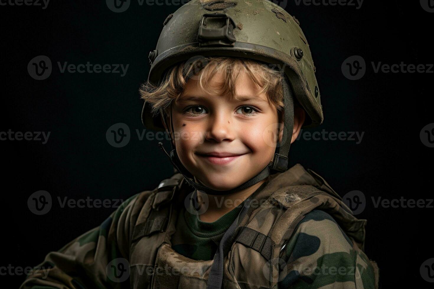Portrait of a cute little boy in military uniform on dark background AI Generated photo