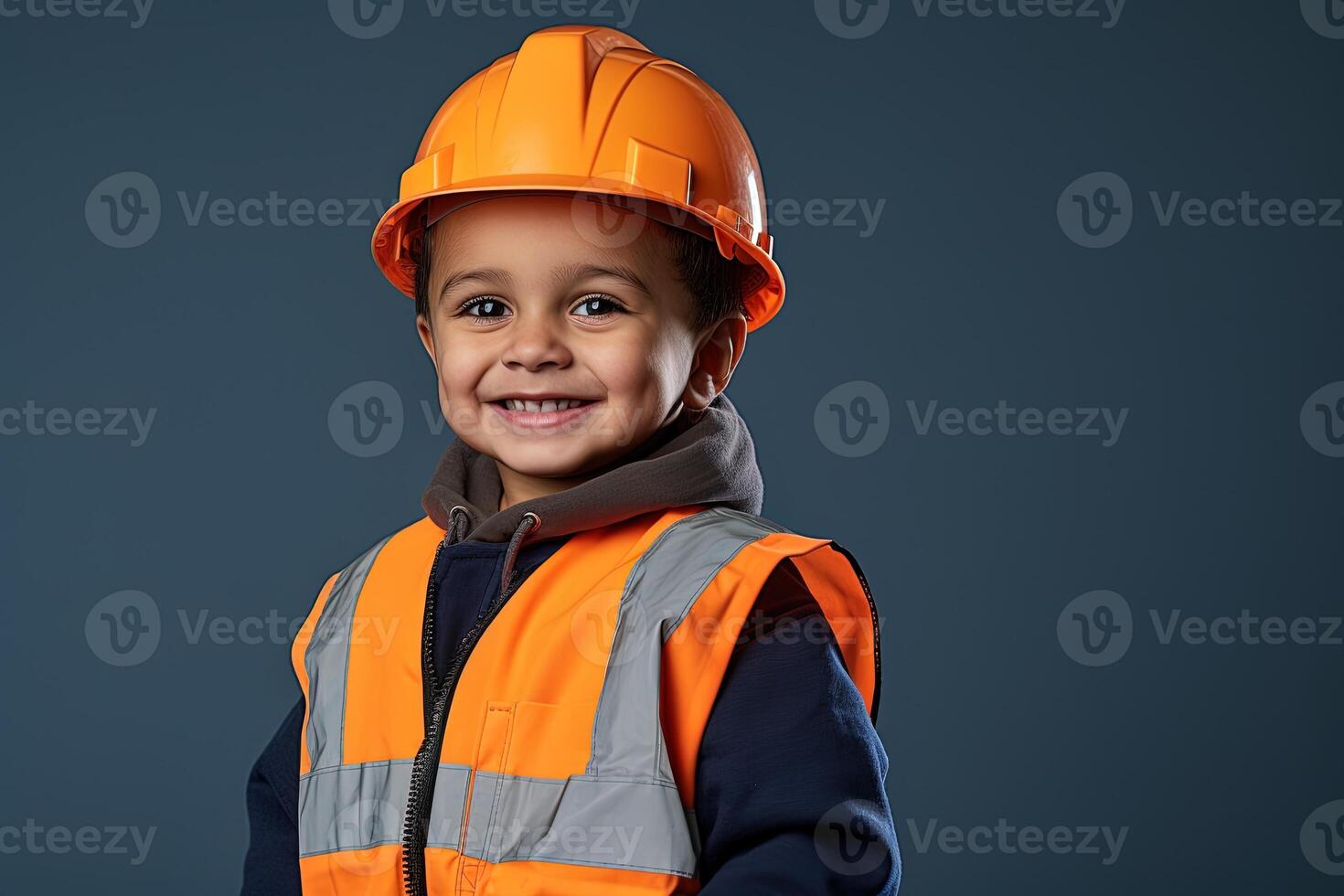 retrato de un linda pequeño chico en un construcción casco ai generado foto