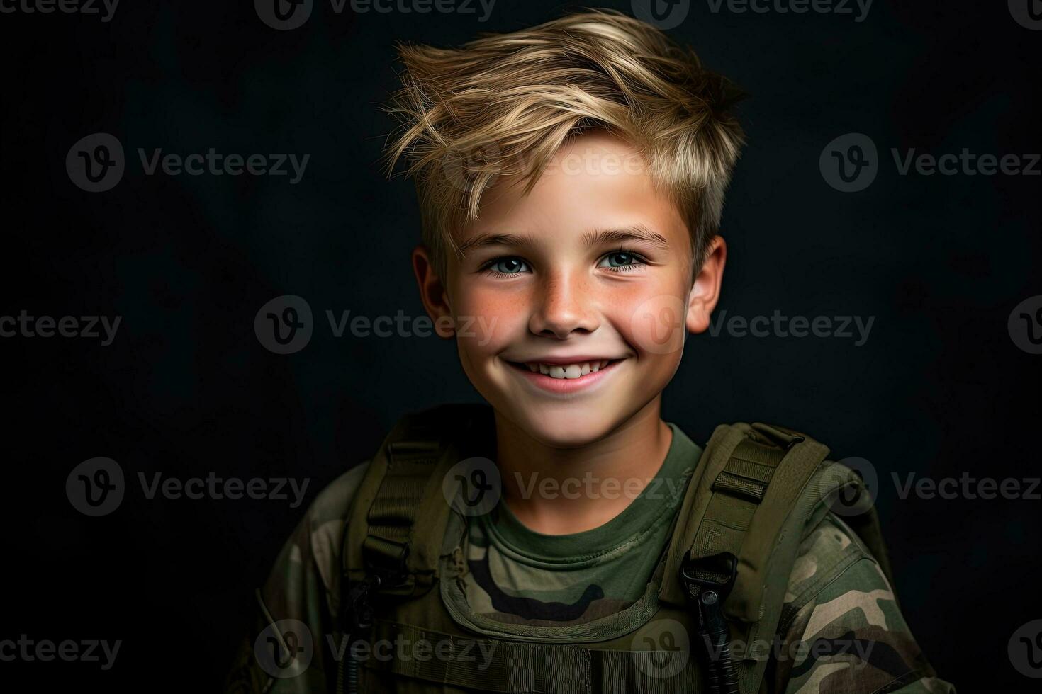 Portrait of a cute little boy in military uniform on dark background AI Generated photo