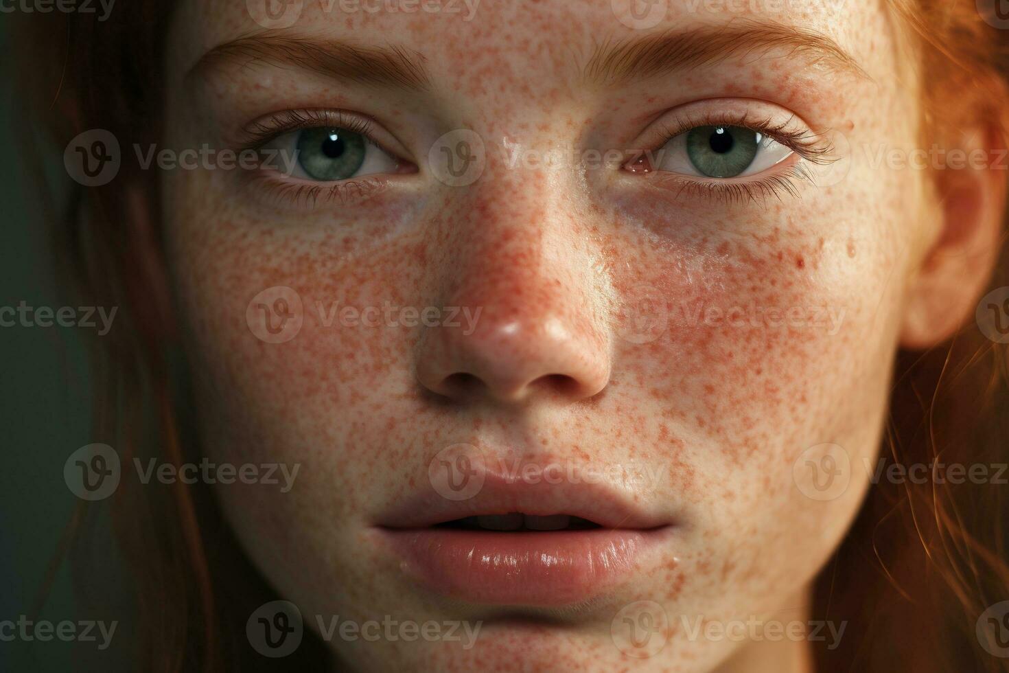 a close up of a woman with freckles AI generated photo