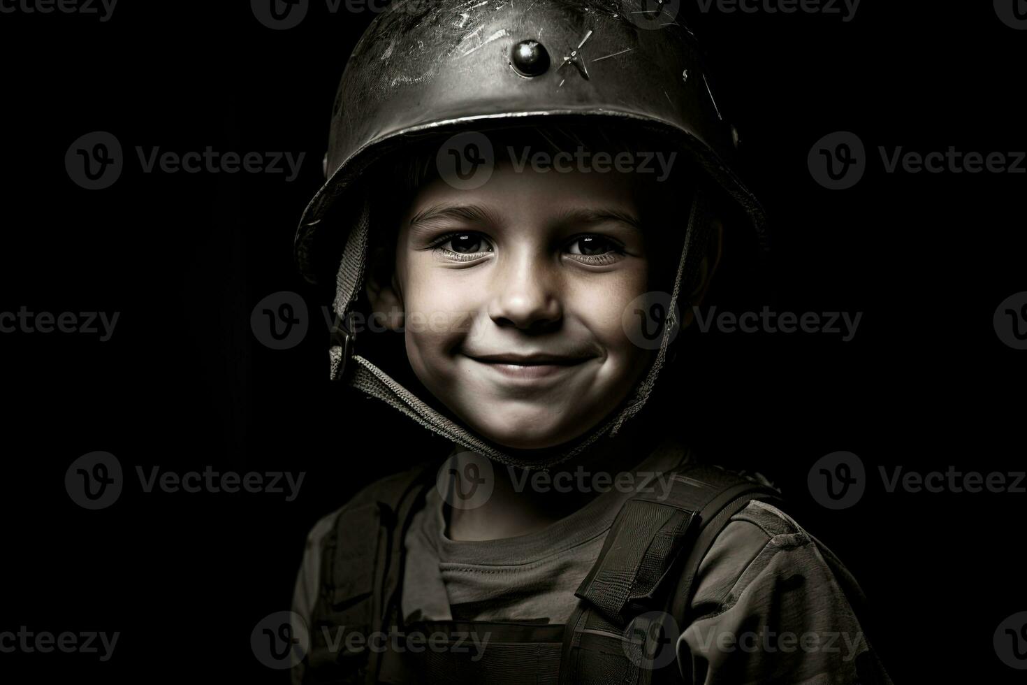 Portrait of a cute little boy in military uniform on dark background AI Generated photo