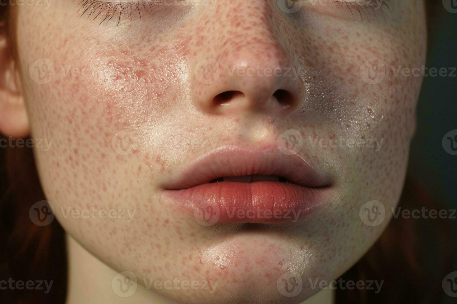 a close up of a woman with freckles AI generated photo