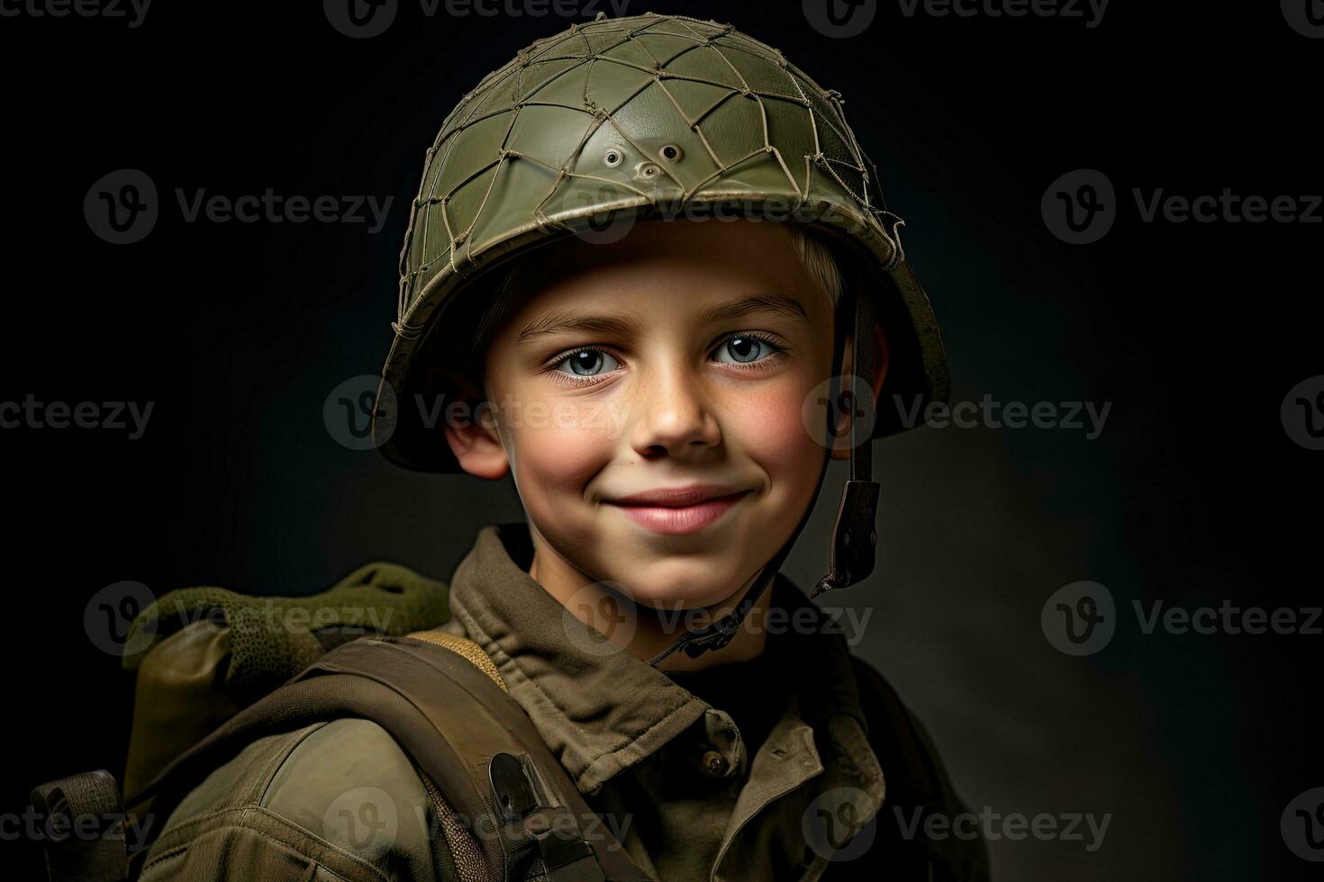 retrato de un linda pequeño chico en militar uniforme en oscuro antecedentes ai generado foto