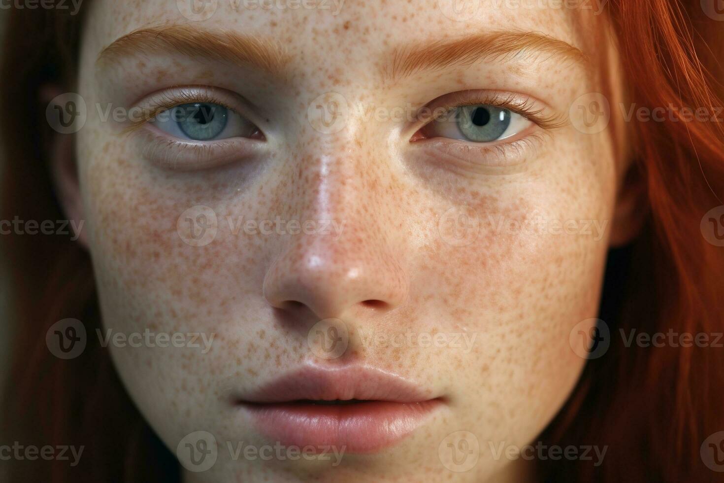 a close up of a woman with freckles AI generated photo