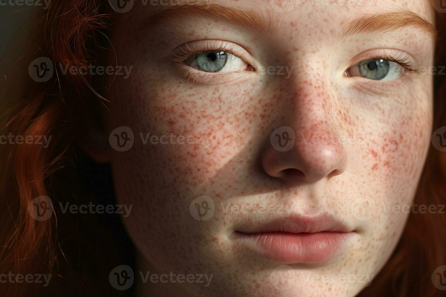 a close up of a woman with freckles AI generated photo
