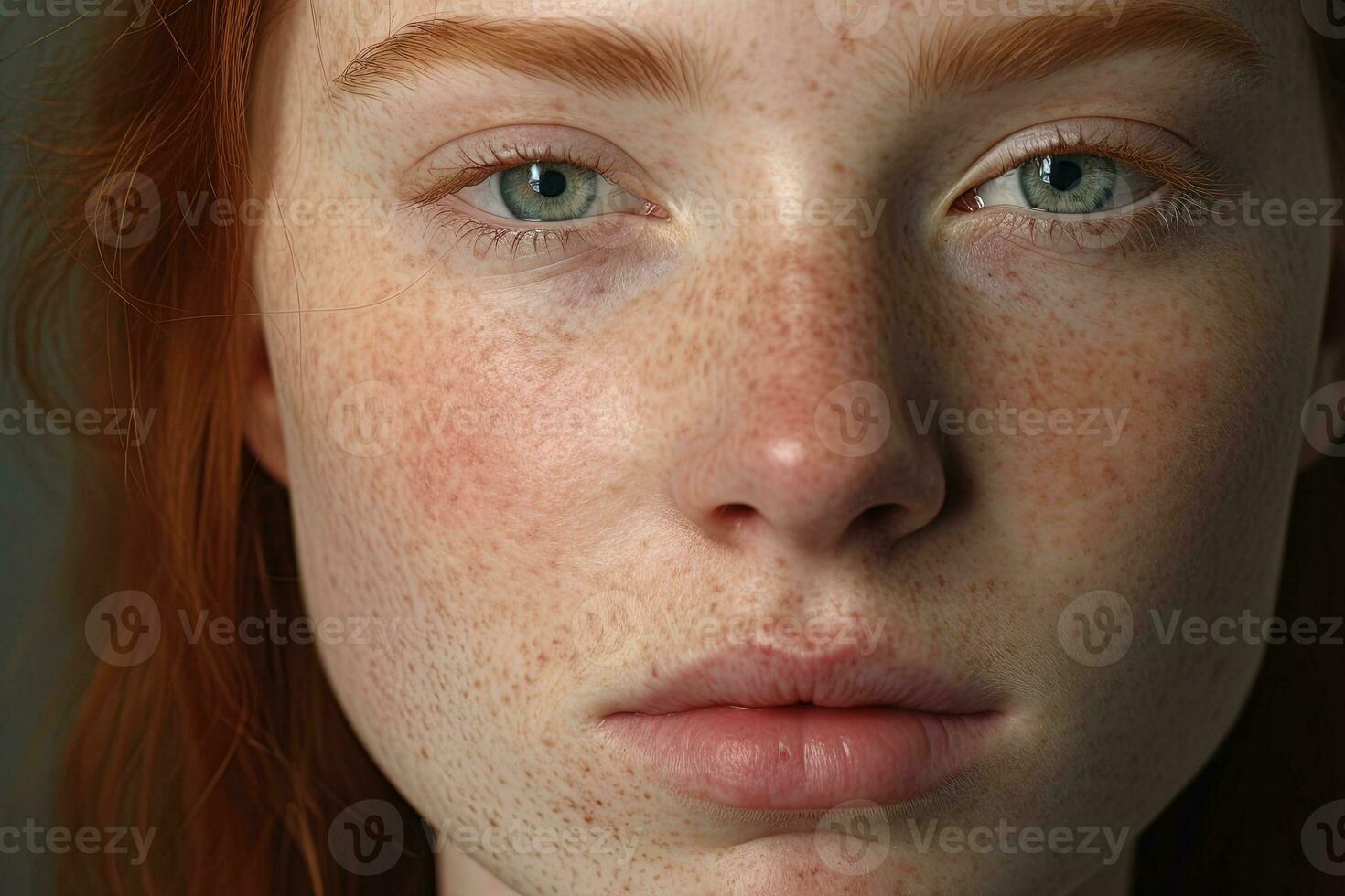 a close up of a woman with freckles AI generated photo