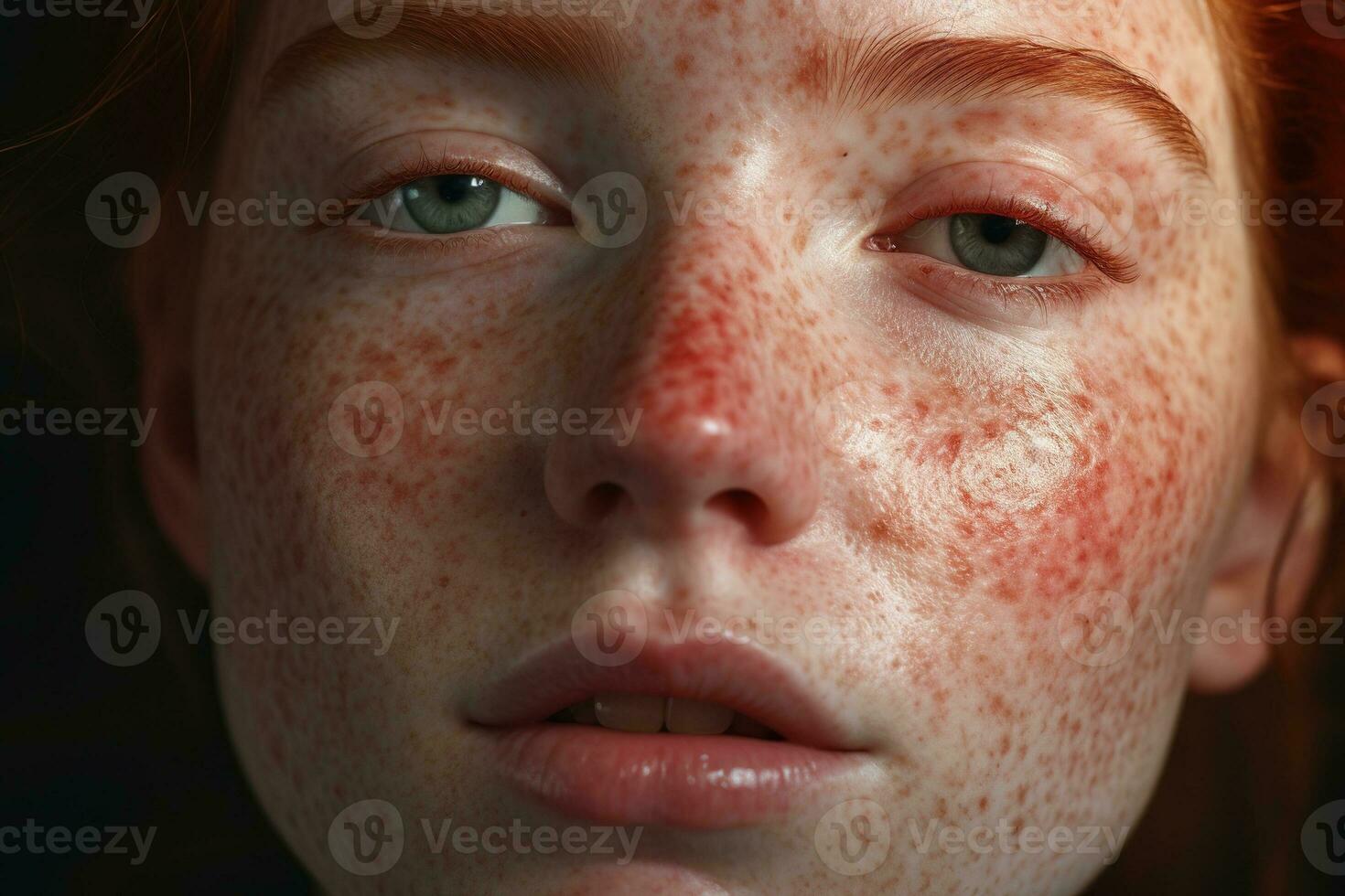 a close up of a woman with freckles,rosacea couperose redness skin AI generated photo