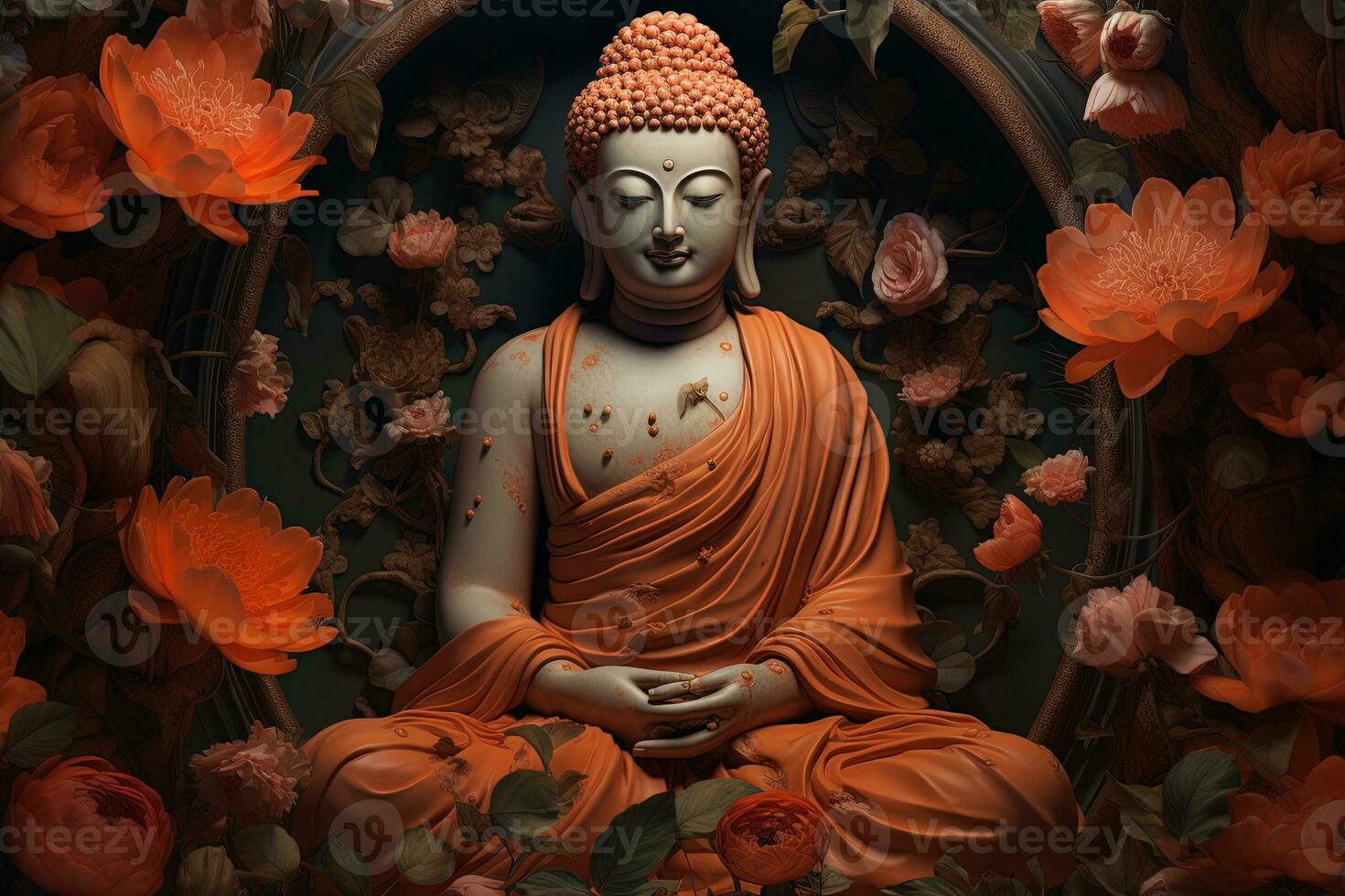 Buddha statue surrounded by orange flowers on a black background AI Generated photo