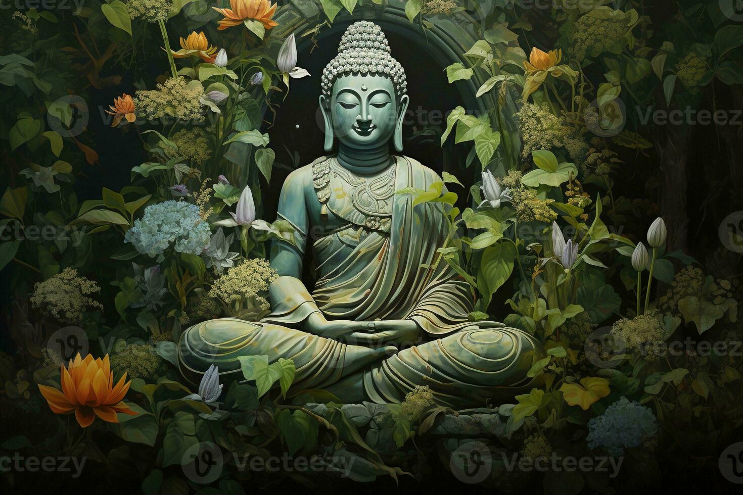 Buddha statue with lotus flower and green leaves background AI Generated photo