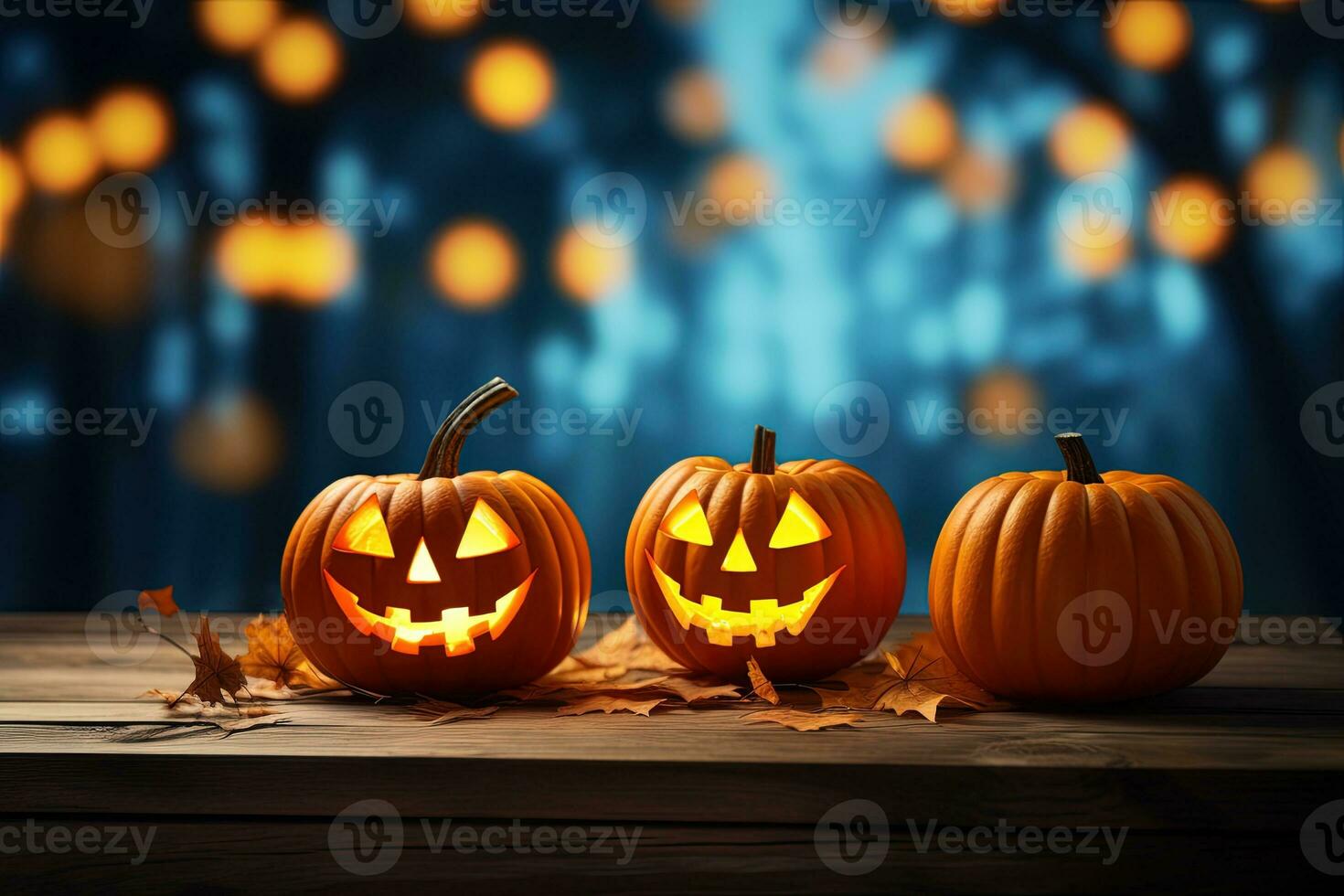 Halloween pumpkins on wooden table with bokeh lights background AI Generated photo