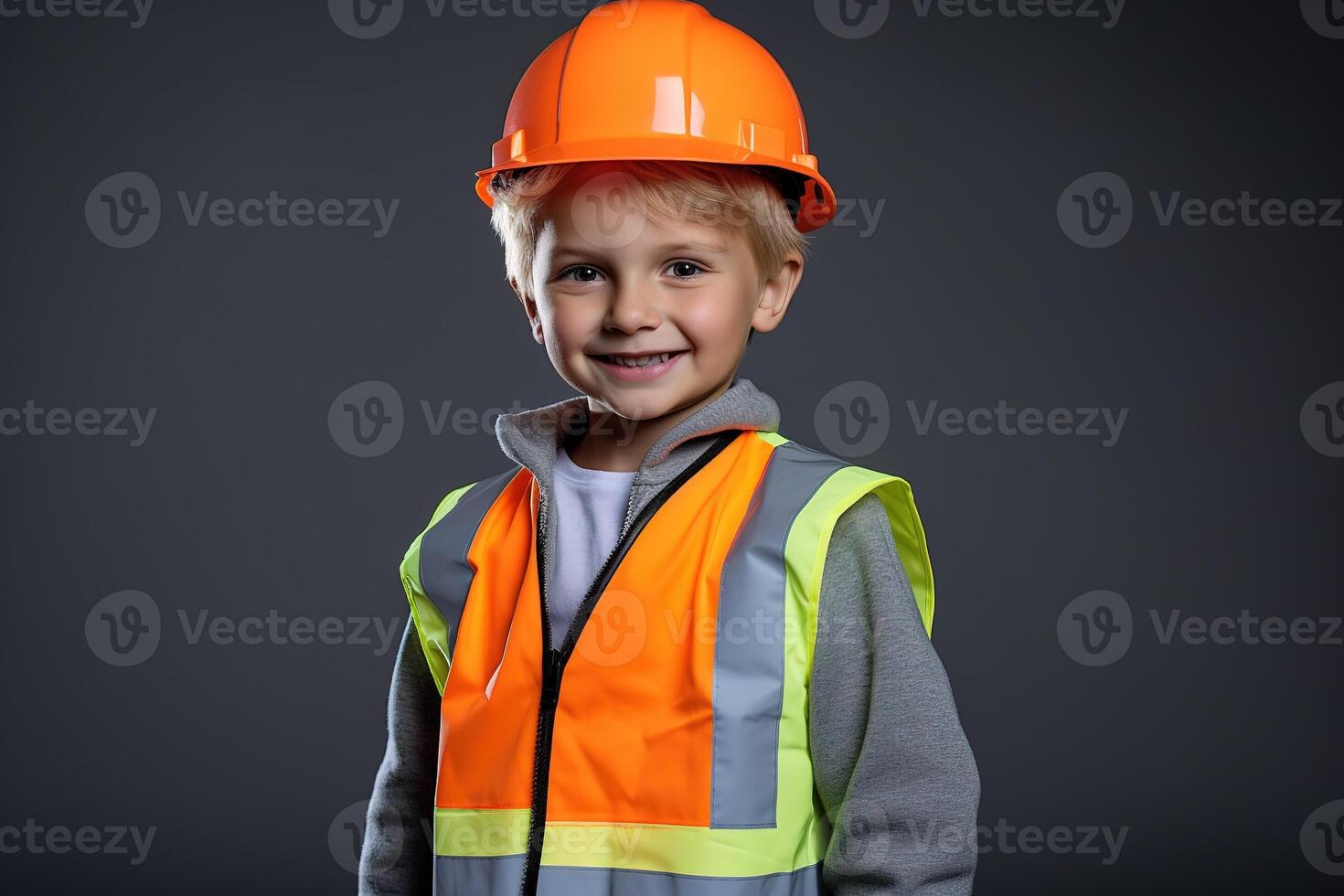 Portrait of a cute little boy in a construction helmet photo