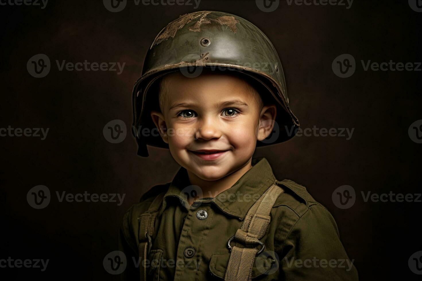 Portrait of a cute little boy in military uniform on dark background AI Generated photo