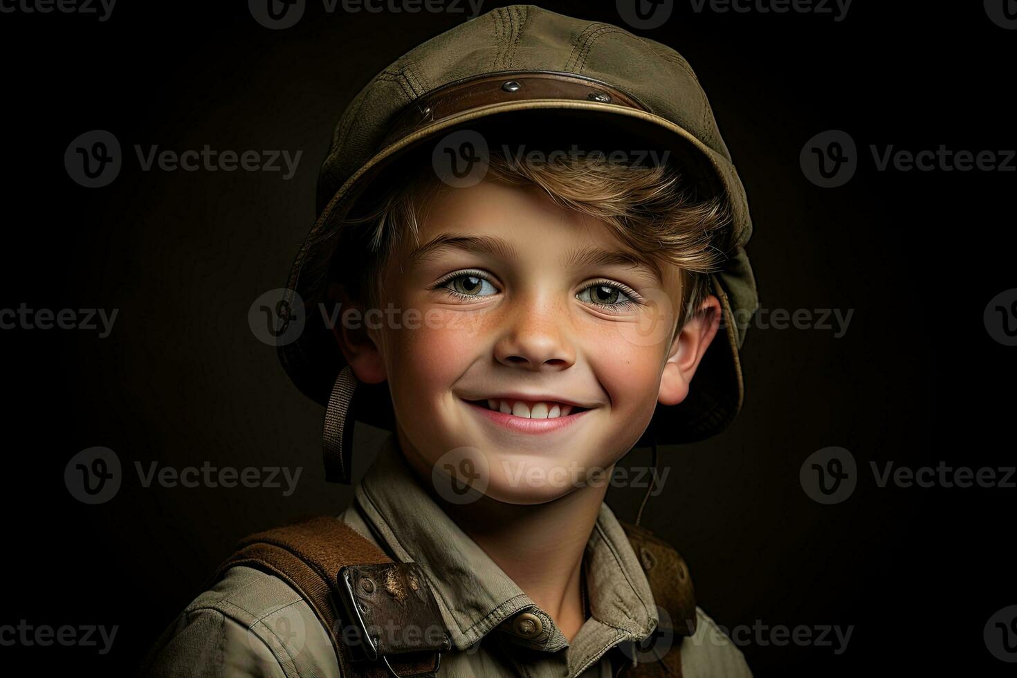Portrait of a cute little boy in military uniform on dark background AI Generated photo