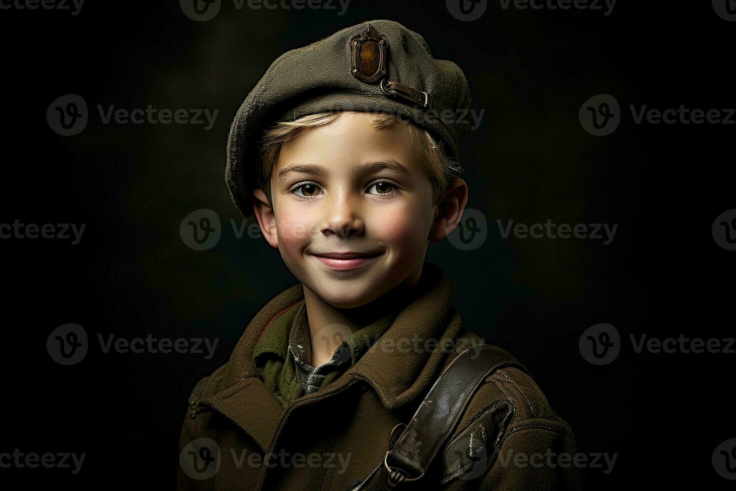 retrato de un linda pequeño chico en militar uniforme en oscuro antecedentes ai generado foto