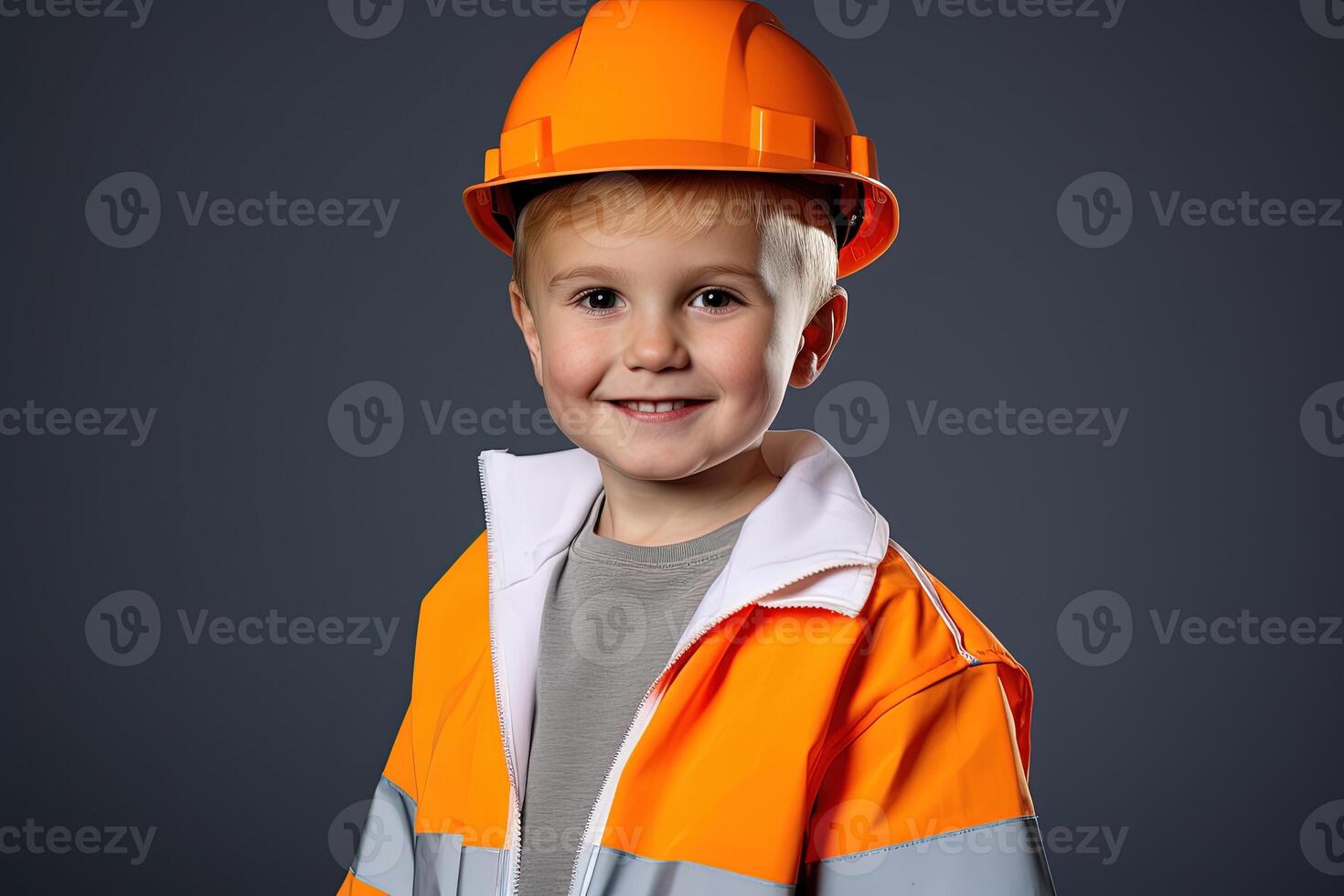 retrato de un linda pequeño chico en un construcción casco ai generado foto