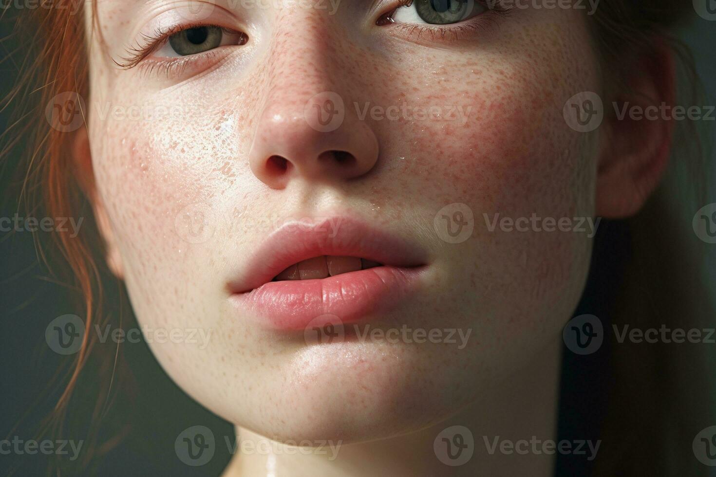 a close up of a woman with freckles AI generated photo