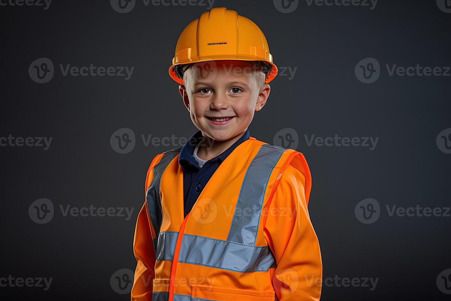 retrato de un linda pequeño chico en un construcción casco ai generado foto