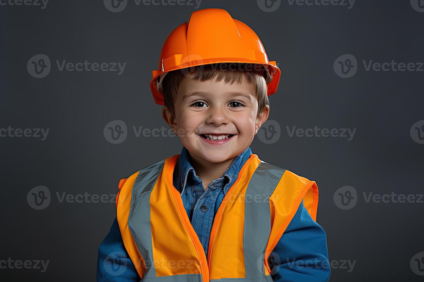 retrato de un linda pequeño chico en un construcción casco ai generado foto