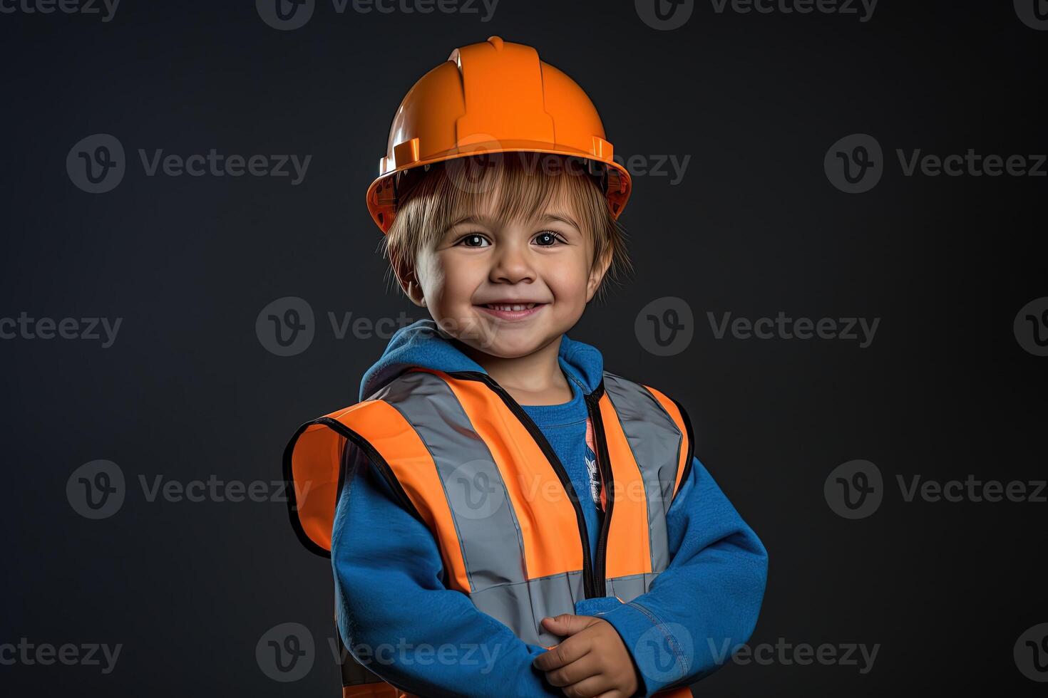 Portrait of a cute little boy in a construction helmet photo