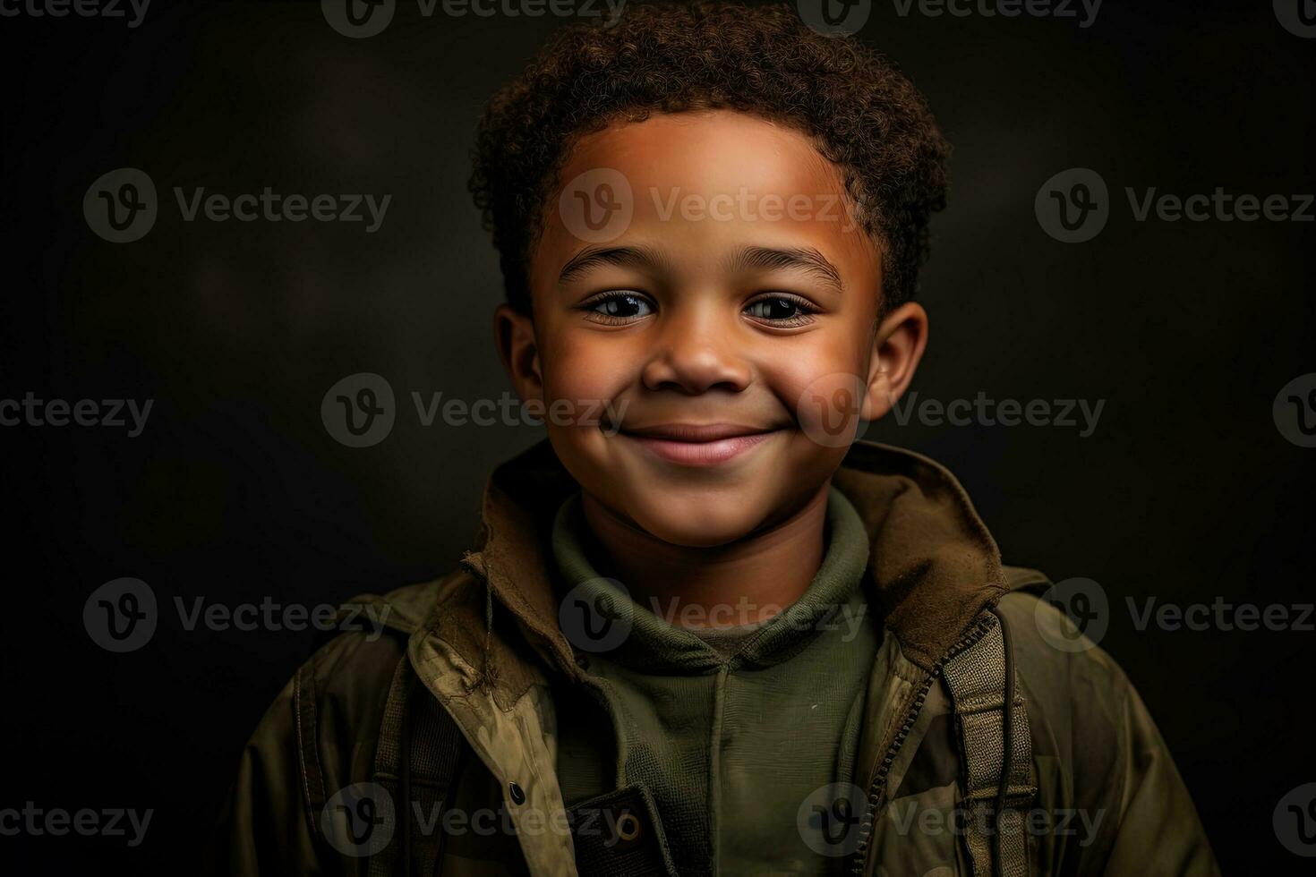 retrato de un linda pequeño chico en militar uniforme en oscuro antecedentes ai generado foto