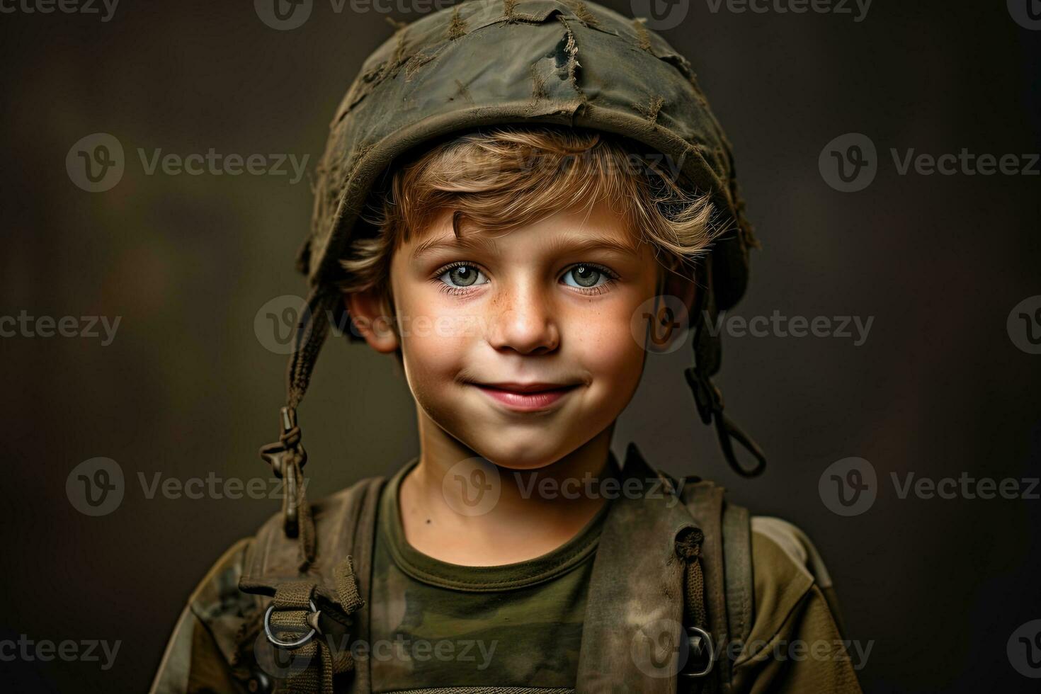 retrato de un linda pequeño chico en militar uniforme en oscuro antecedentes ai generado foto